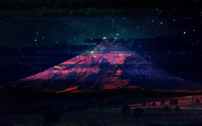 Glitch art mountain under starry night sky