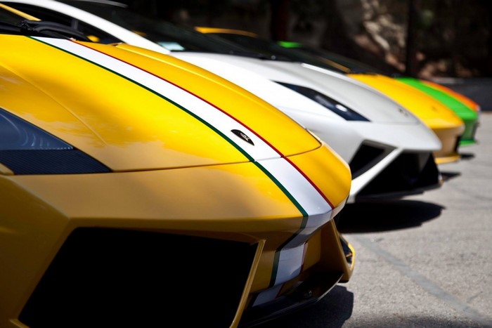 Line of colorful Lamborghini sports cars