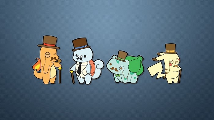 Charmander, Squirtle, Bulbasaur, and Pikachu from Pokemon dressed as gentlemen