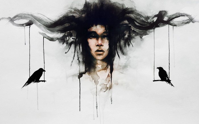 Watercolor painting of a person with dark hair and two birds