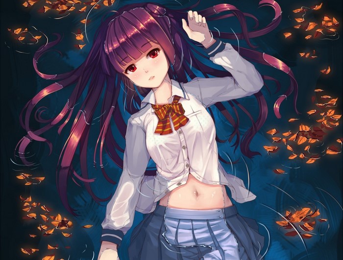Anime girl with purple hair and red eyes in school uniform