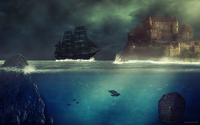 Sailing ship near a castle on a rocky island at night