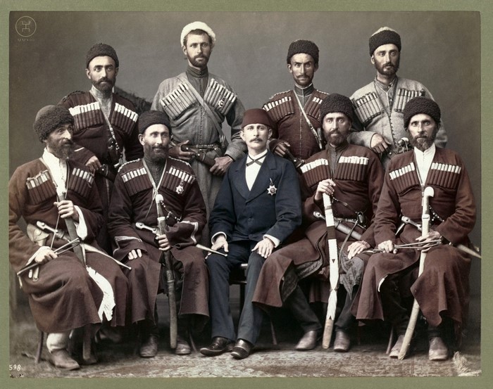 Group portrait of Circassian men in traditional attire