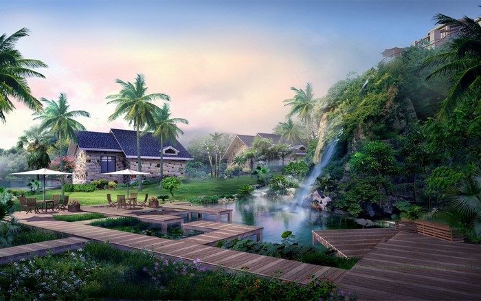 Tropical resort with waterfall and wooden walkways