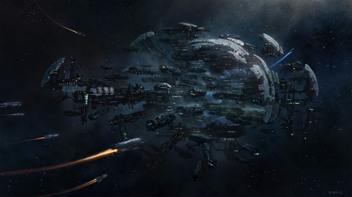 Star Citizen space station with ships in orbit