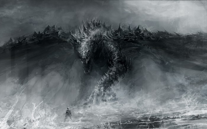 A knight faces a colossal dragon in a stormy sea.