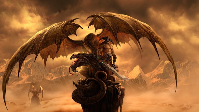 Warrior with Dragon and Wings in a Mountainous Landscape