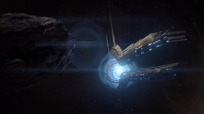 Mass Effect spaceship near an asteroid and a portal