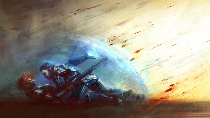 Soldier using biotic shield in Mass Effect concept art