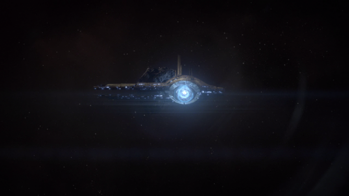 Mass Effect spaceship in dark space with blue light