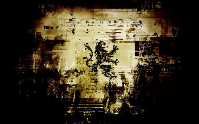 Grunge digital art with lion emblem