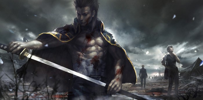Man with sword in a desolate landscape