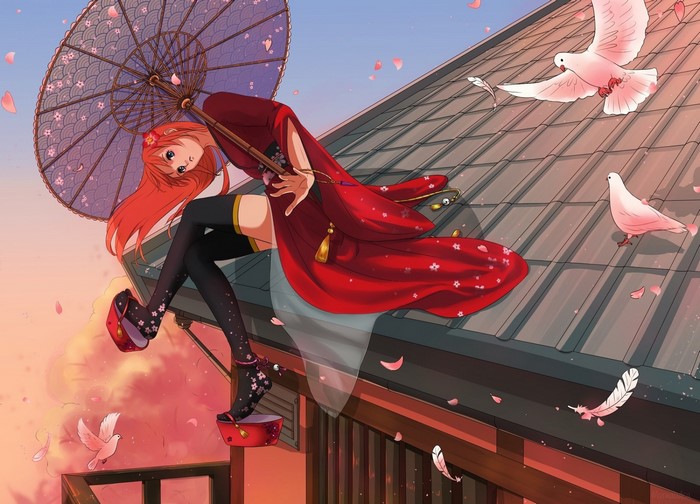 Kagura from Gintama with an umbrella on a roof