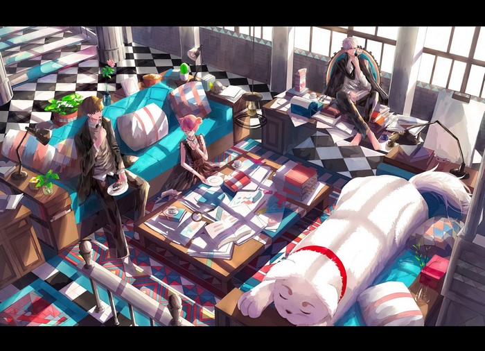 Anime characters and a dog in a room