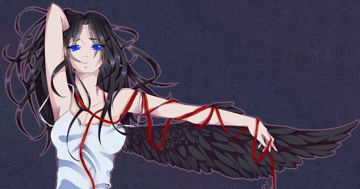 Anime girl with black hair and wings tied with red ribbon
