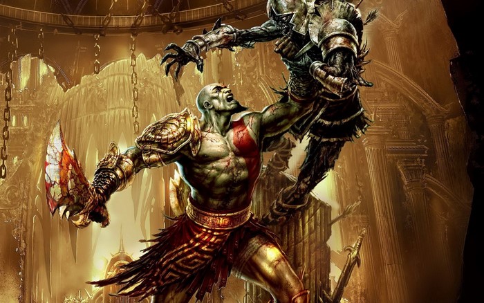 Kratos fighting a skeletal warrior in a temple