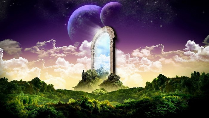 Fantasy portal to mountains under purple sky with planets