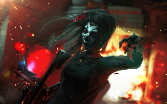 Woman with skull face paint and rifle in explosion