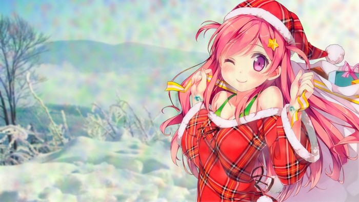 Anime girl in Christmas outfit with pink hair