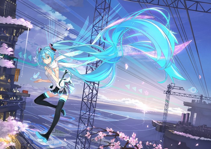 Hatsune Miku in a futuristic city with cherry blossoms