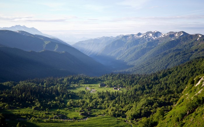 Valley with forested mountains and snow-capped peaks