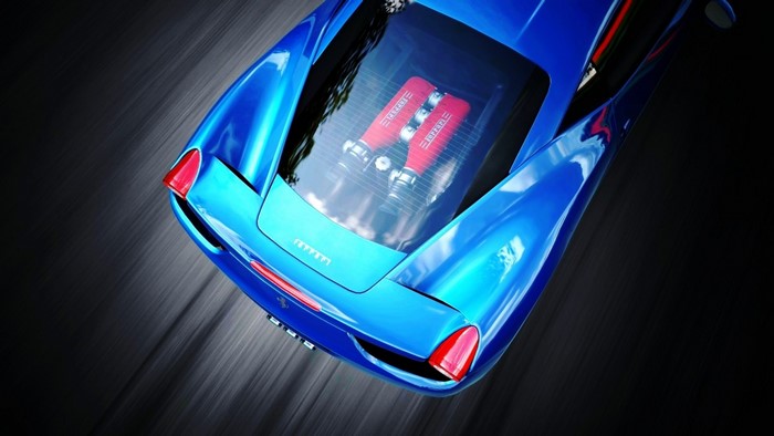 Blue Ferrari 458 Italia with exposed engine