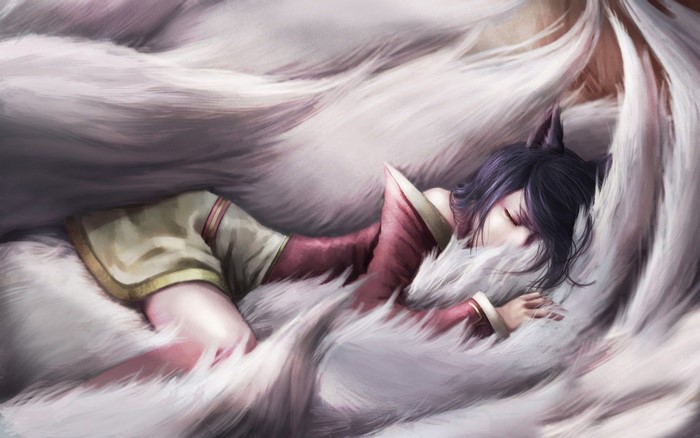 Ahri from League of Legends Sleeping Among Her Nine Tails