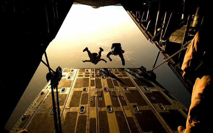 Two paratroopers jumping from a military aircraft