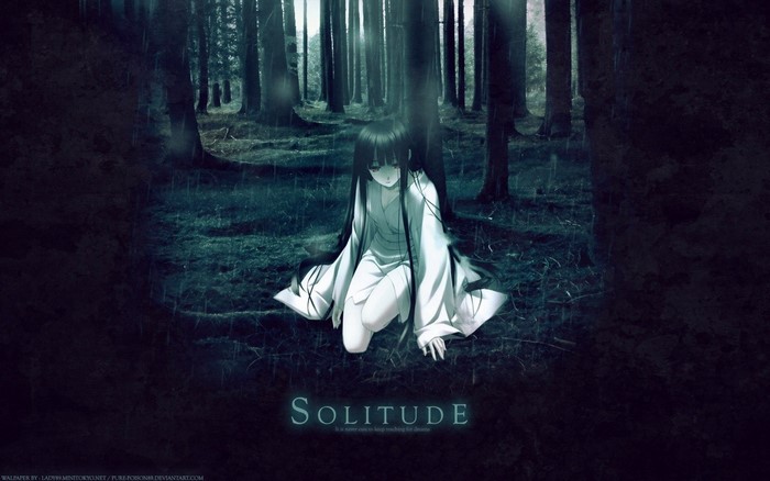 Anime girl in a dark forest with the word Solitude