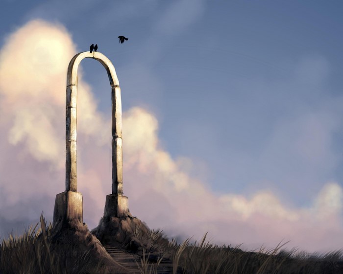 Stone archway with birds in a cloudy sky