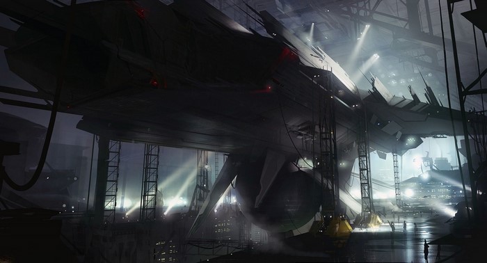 Spaceship construction in a dark hangar