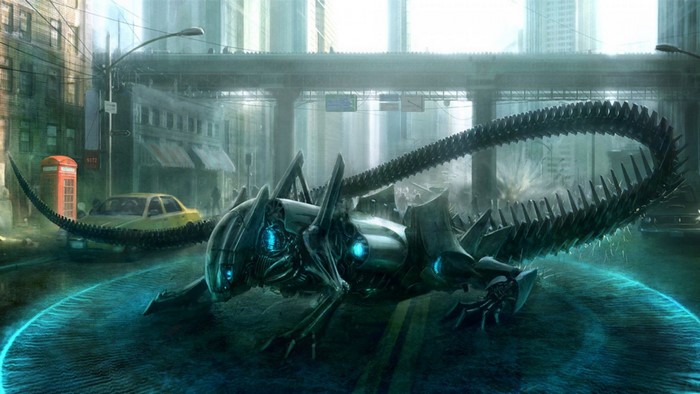 Mechanical creature in a city street