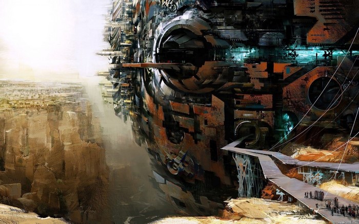 Sci-fi concept art of a massive structure over a canyon