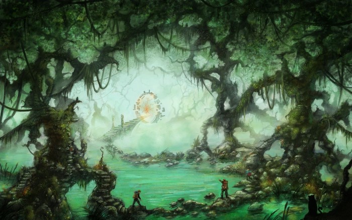 Fantasy portal in a misty swamp forest
