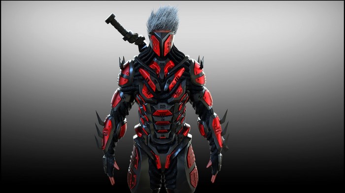 Futuristic Red and Black Armored Warrior with Sword