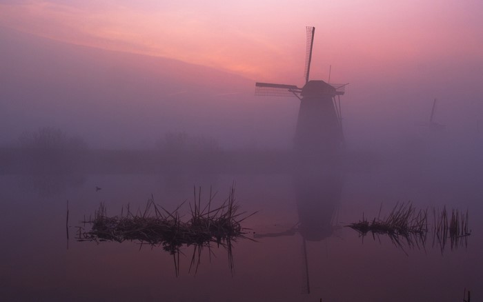 Windmills in the mist at sunrise