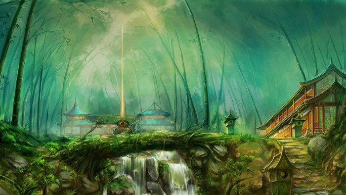 Fantasy bamboo forest with traditional Asian architecture and waterfall