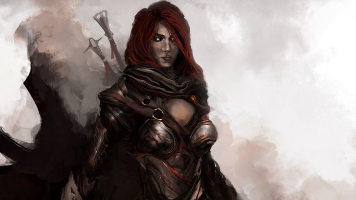 Fantasy woman warrior with red hair and swords