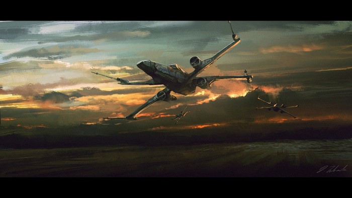 Star Wars X-wing fighters flying at sunset