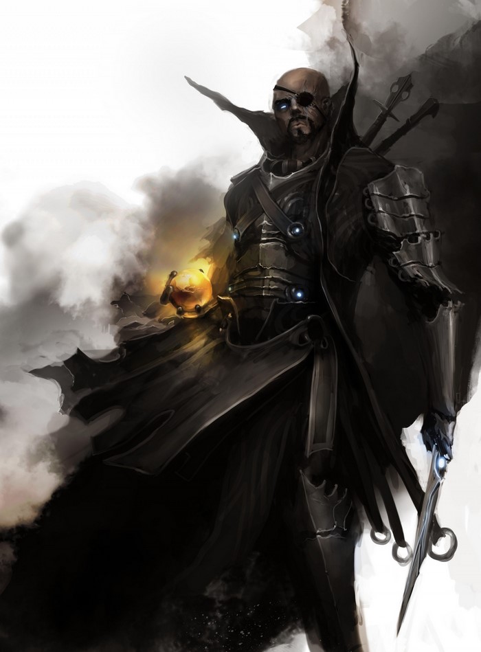 Nick Fury from The Avengers holding a glowing orb