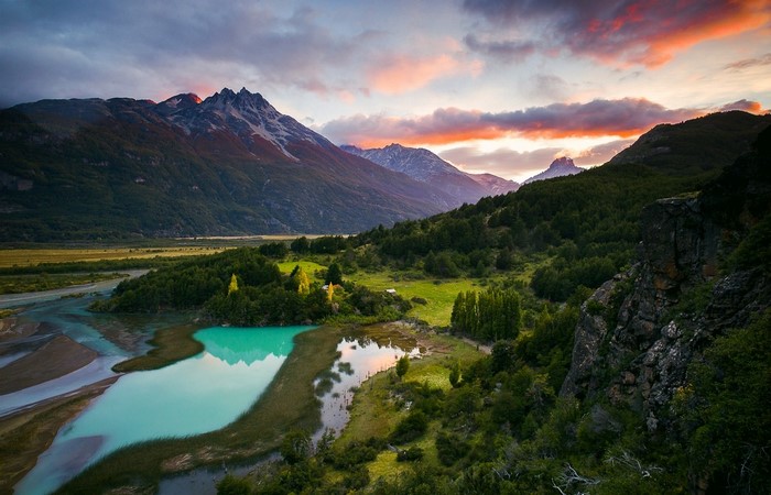 Patagonia Mountain Landscape with Turquoise Lake at Sunset