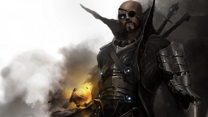 Nick Fury from The Avengers holding a glowing orb