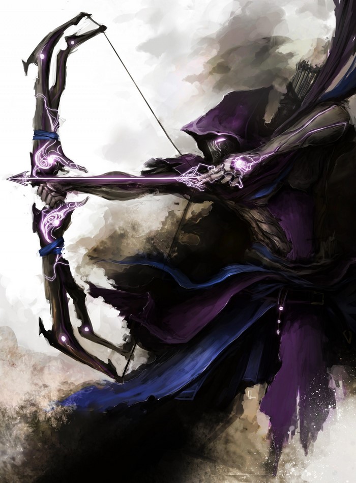 Fantasy archer with glowing purple bow and arrow