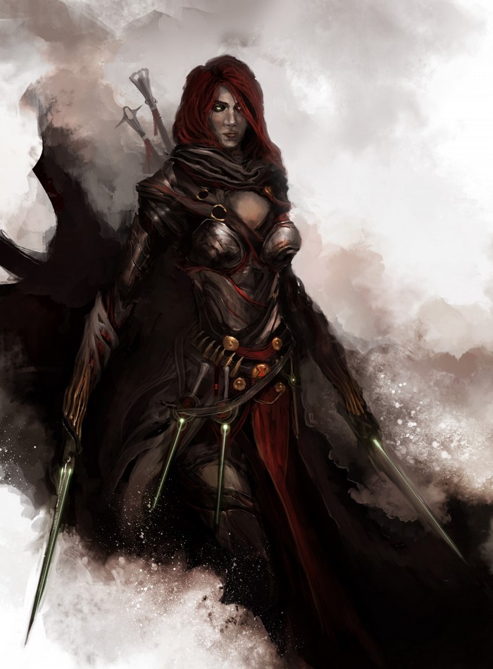 Fantasy warrior woman with red hair and swords