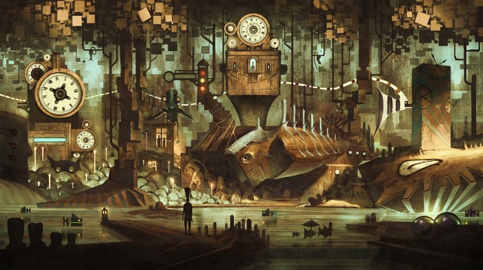 Steampunk city with clocks and a fish-shaped structure