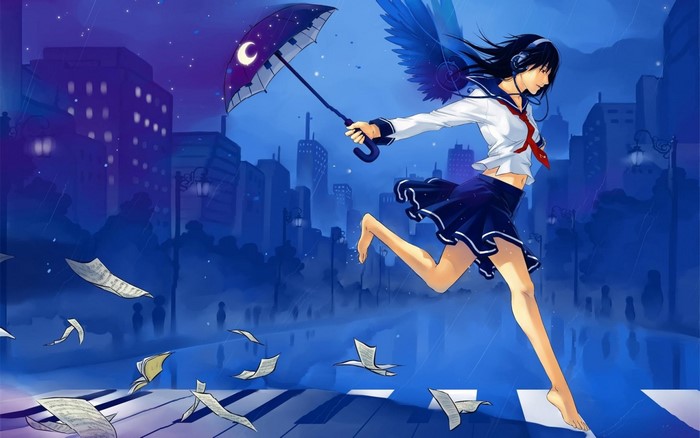 Anime girl with umbrella and wings running in city