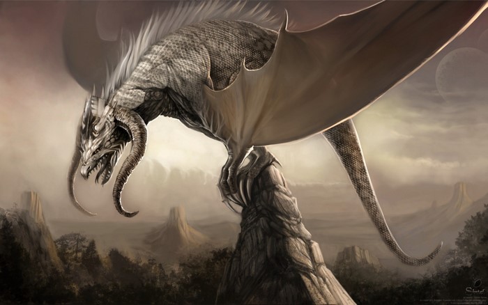 Dragon perched on a rock in a desolate landscape