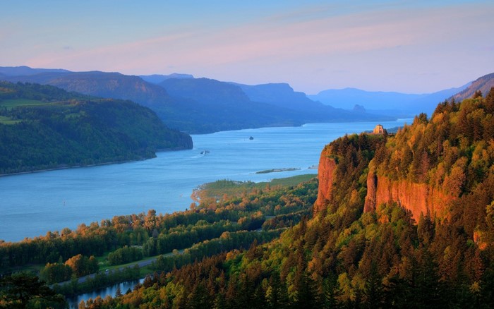 Columbia River Gorge at sunset with Multnomah Falls