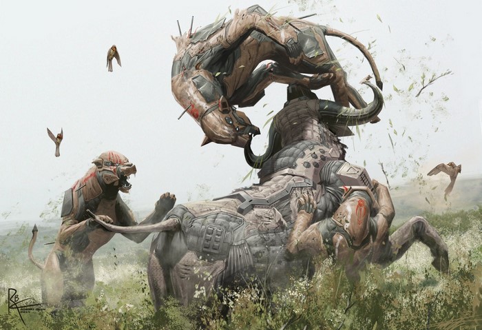 Cyberpunk lions fighting a cyborg buffalo