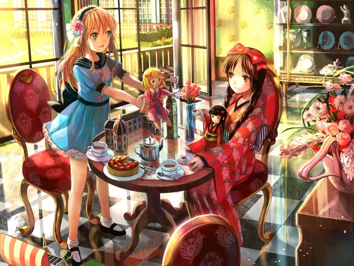 Anime girls having a tea party with dolls
